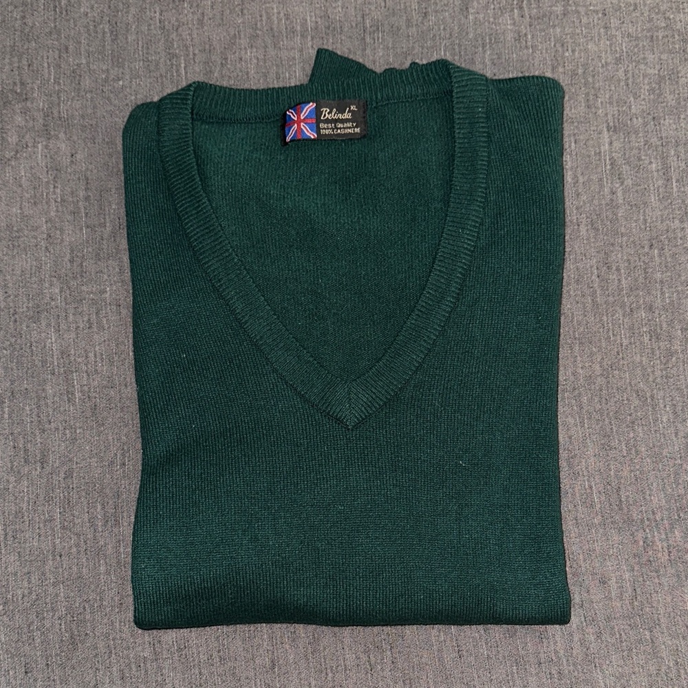Belinda XL Green V-Neck Men's 100% Cashmere Sweater